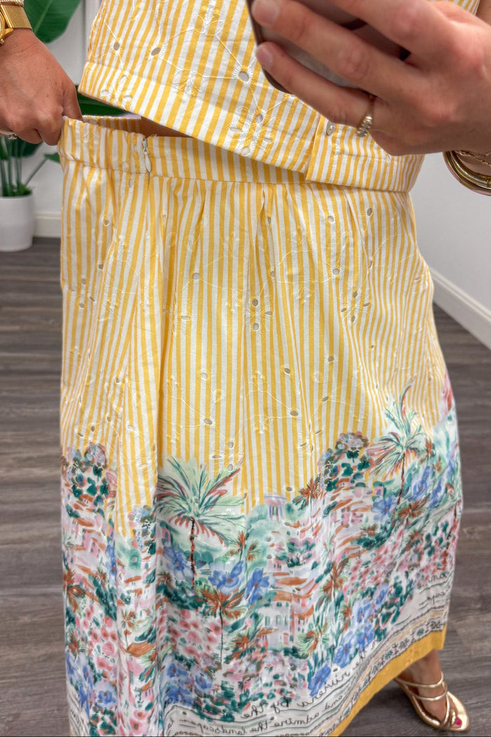 golden yellow striped with bright floral and eyelet details side zipper closure midi skirt