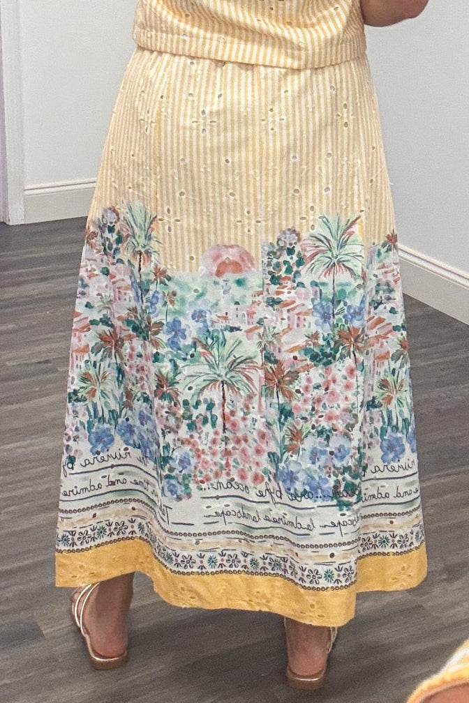 golden yellow striped with bright floral and eyelet details cotton midi skirt