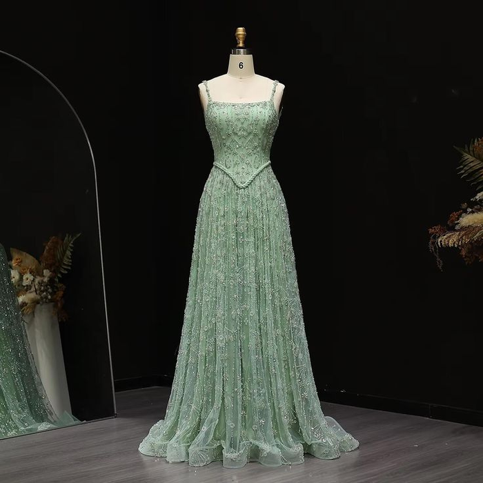 Gorgeous Green Tulle Beading Square Neck A-Line Long Prom Dresses Sweet 16 Evening Gowns