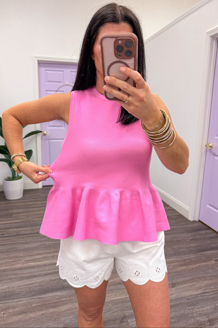 bright pink sleeveless crew neckline lightweight knit peplum top