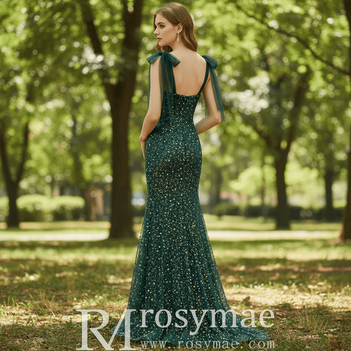 Green Mermaid Sequin Formal Dress with Iridescent Floral Glitter and Floor-Length Flared Hem - Rosymae