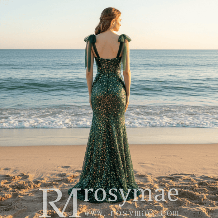 Green Mermaid Sequin Formal Dress with Iridescent Floral Glitter and Floor-Length Flared Hem - Rosymae