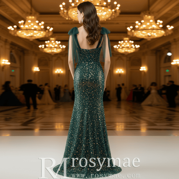 Green Mermaid Sequin Formal Dress with Iridescent Floral Glitter and Floor-Length Flared Hem - Rosymae