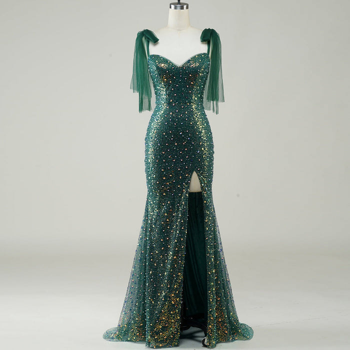 Green Mermaid Sequin Formal Dress with Iridescent Floral Glitter and Floor-Length Flared Hem - Rosymae