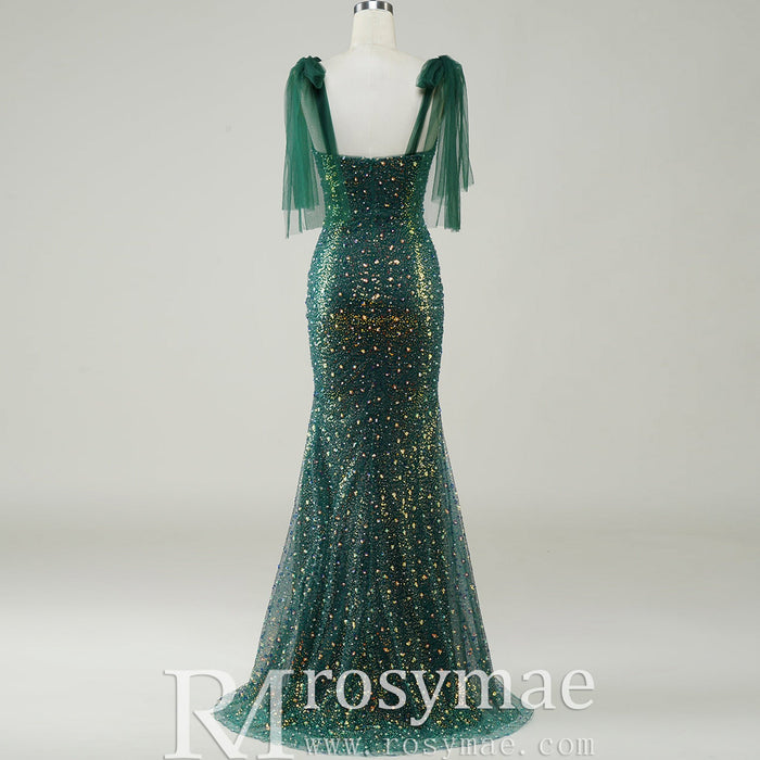 Green Mermaid Sequin Formal Dress with Iridescent Floral Glitter and Floor-Length Flared Hem - Rosymae