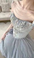 Grey A Line Off the Shoulder Exquisite Beaded Velvet Satin Long Prom Dress