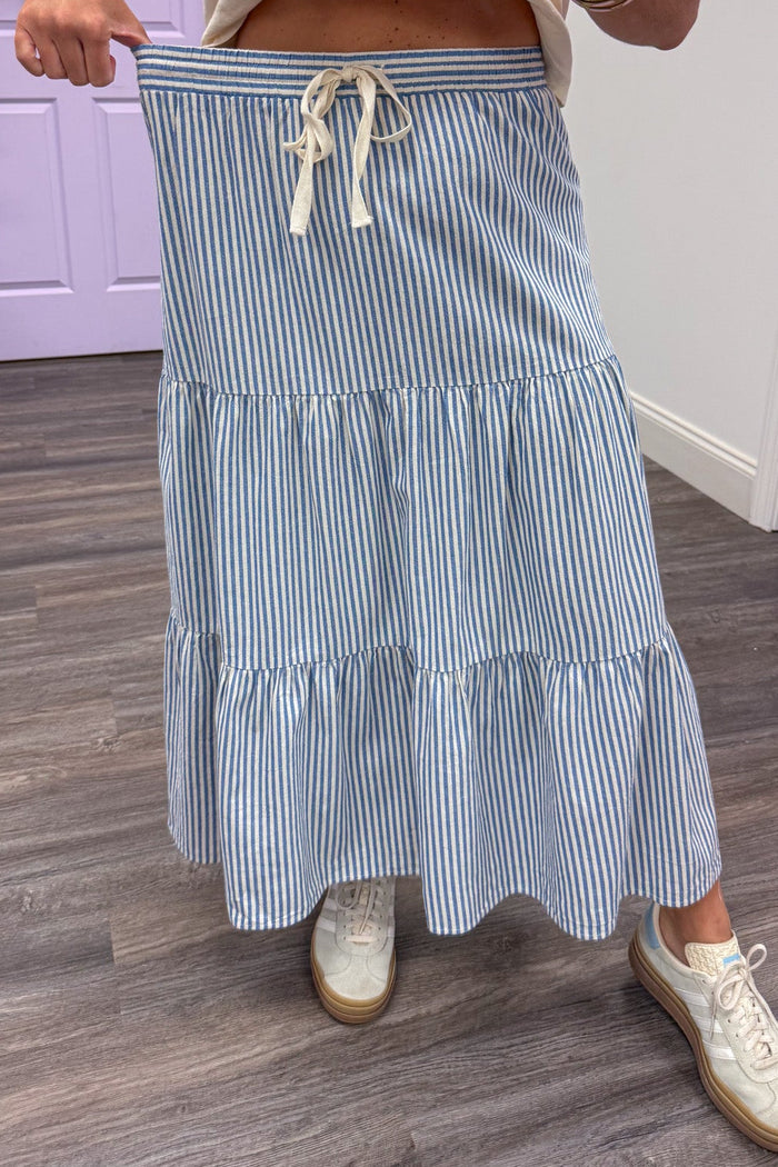 light blue and cream vertical striped elastic waistband drawstring midi skirt