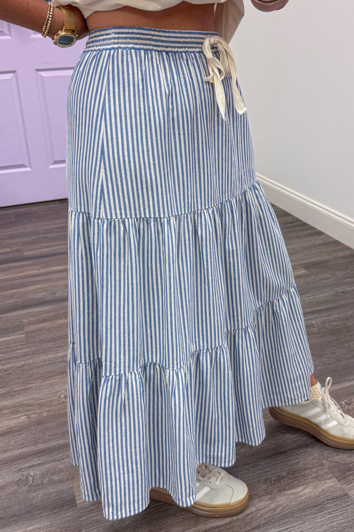 light blue and cream vertical striped cotton midi skirt with side pockets