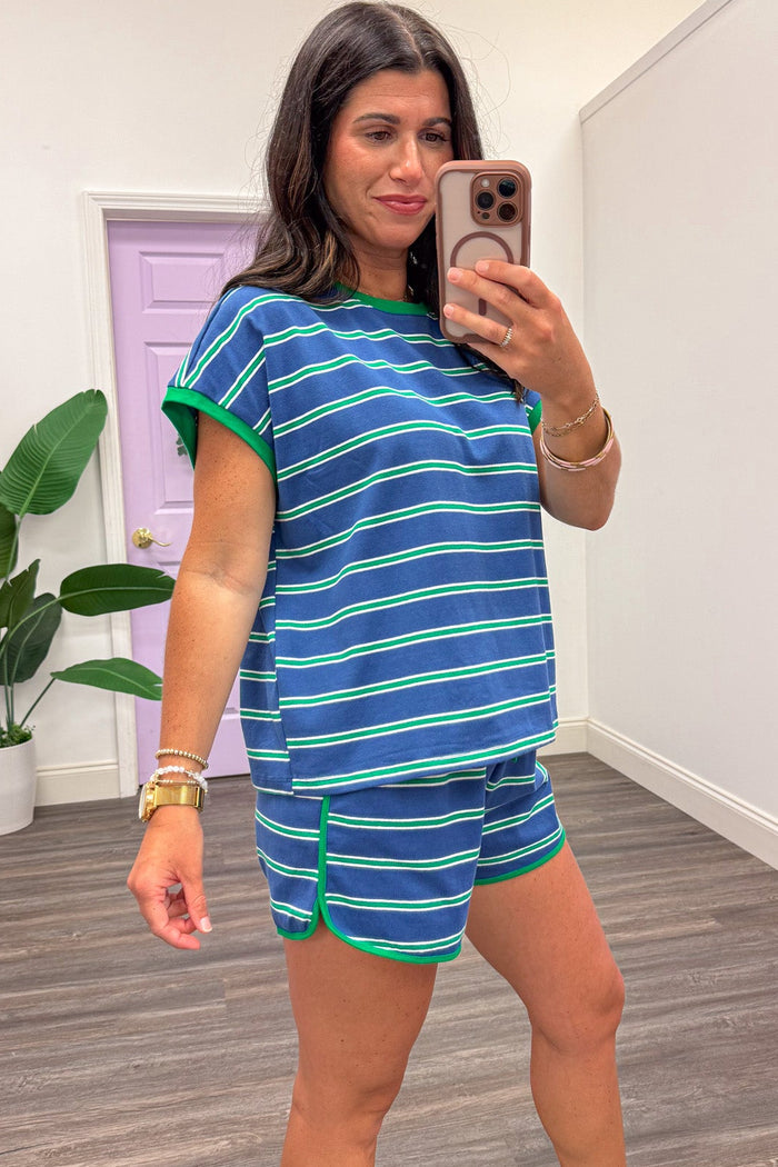 blue green and white striped short sleeve top and shorts matching knit loungewear set