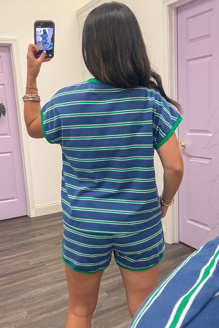 blue green and white striped top and shorts matching knit athleisure set