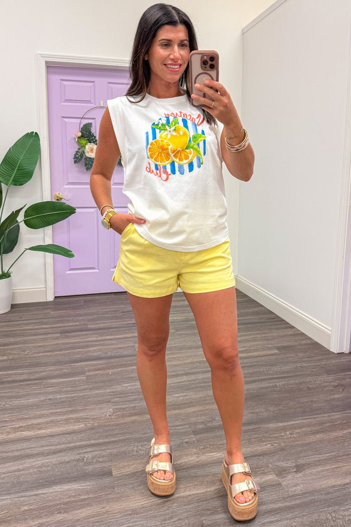 solid yellow pleated front high-waisted cotton shorts