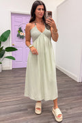 solid dusty sage green sleeveless v neckline halter midi dress