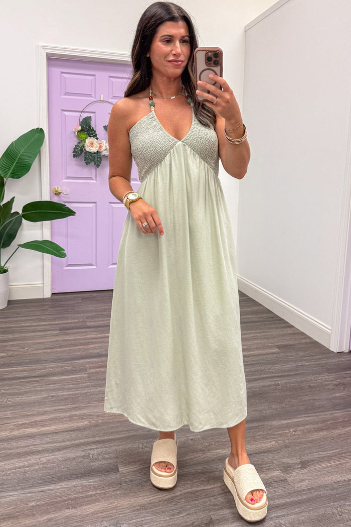 solid dusty sage green sleeveless v neckline halter midi dress
