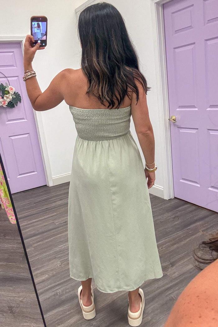 solid dusty sage green sleeveless v neckline spaghetti strap halter midi dress