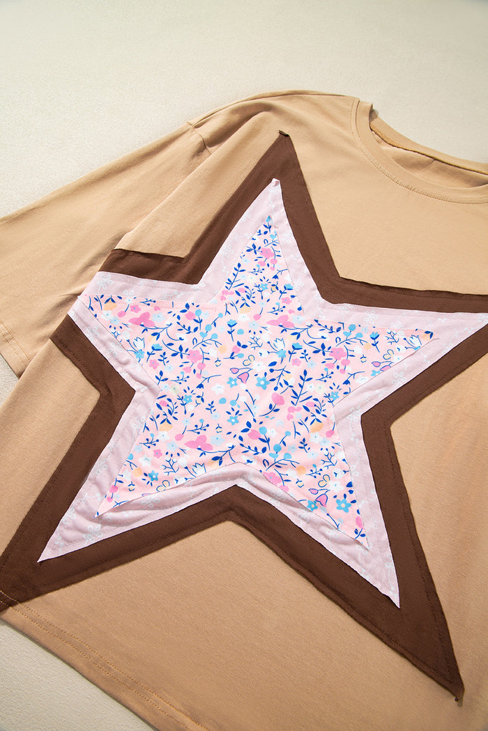 Haut à manches longues 3/4 en patchwork d'étoiles florales camel