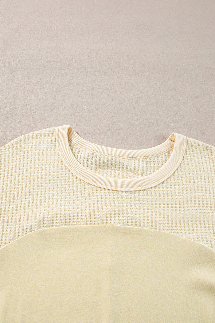 Haut à manches longues beige en tricot thermique patchwork à coutures apparentes