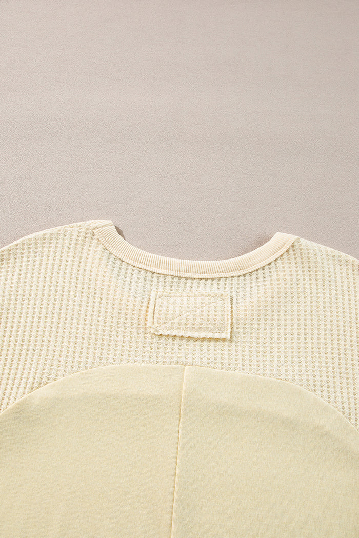 Haut à manches longues beige en tricot thermique patchwork à coutures apparentes