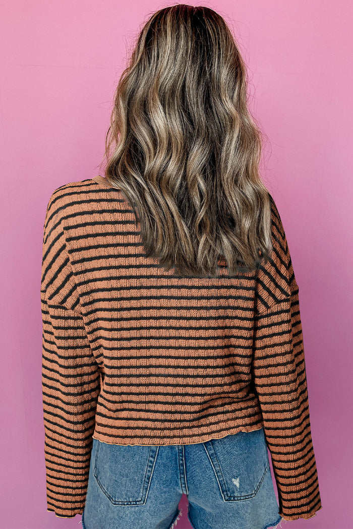 Haut à manches longues Henley texturé à rayures marron *