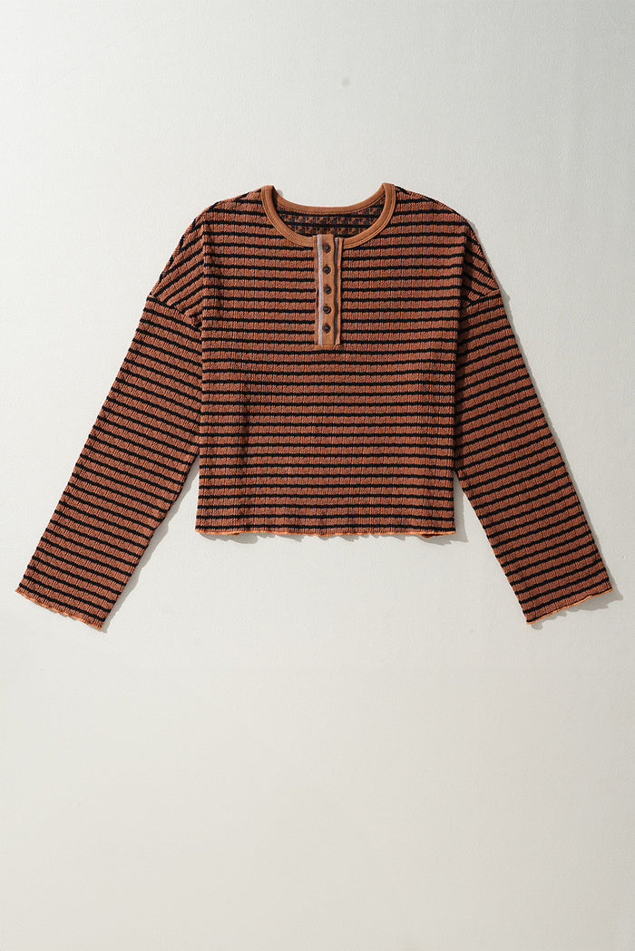 Haut à manches longues Henley texturé à rayures marron *