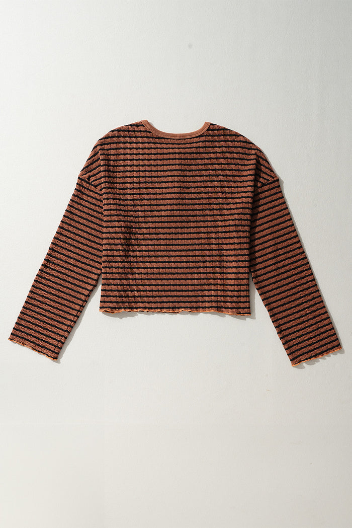 Haut à manches longues Henley texturé à rayures marron *