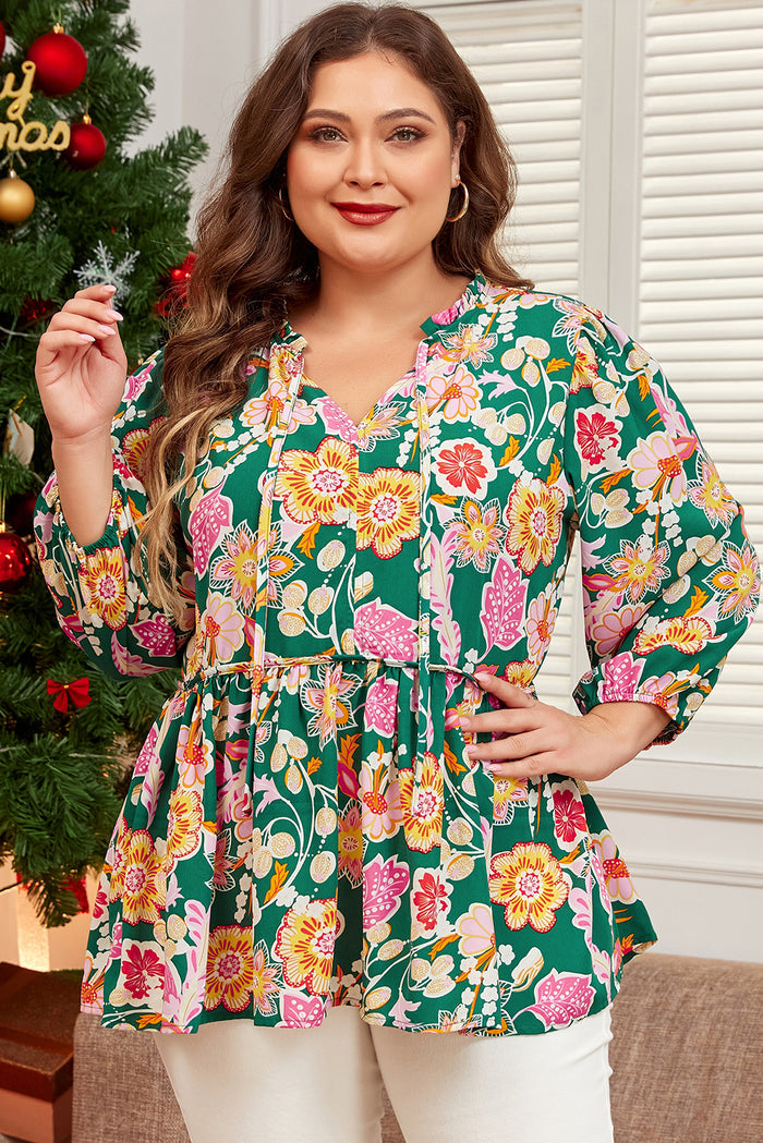 Haut babydoll vert à manches longues et col en V à fleurs, grande taille