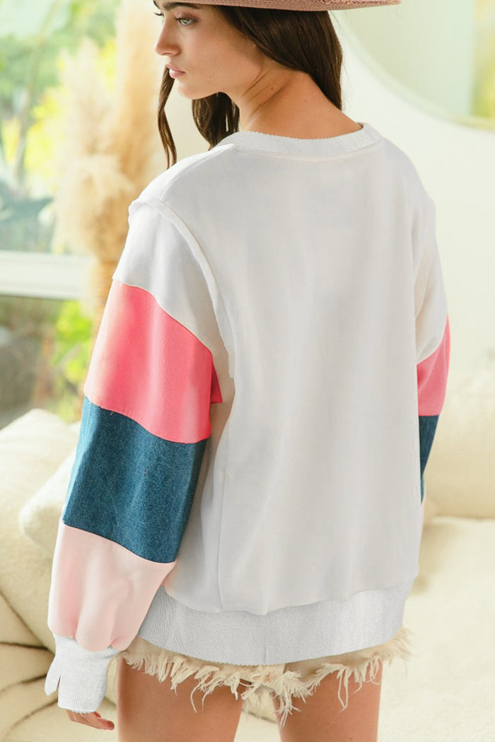 Haut blanc à manches longues en French Terry color block