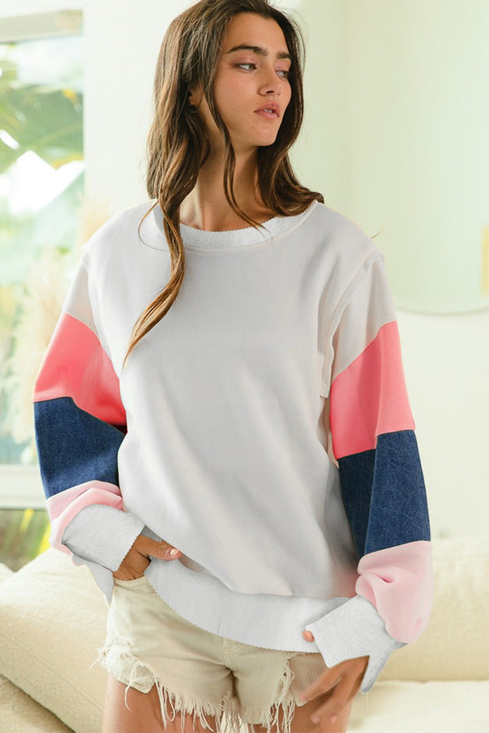 Haut blanc à manches longues en French Terry color block