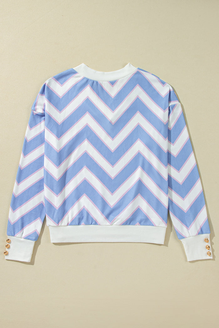 Haut oversize bleu ciel à rayures zigzag et col en V