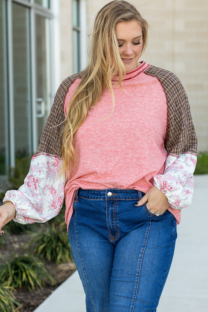 Haut Rose à Carreaux Paisley Patchwork Manches Raglan Coutures Grande Taille
