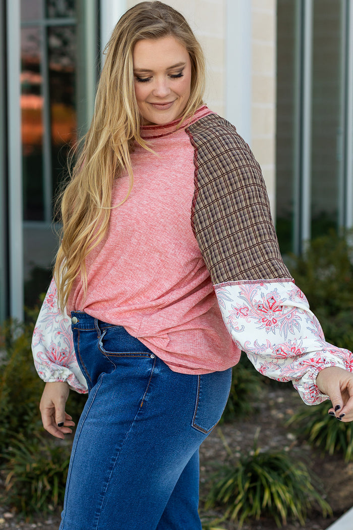 Haut Rose à Carreaux Paisley Patchwork Manches Raglan Coutures Grande Taille