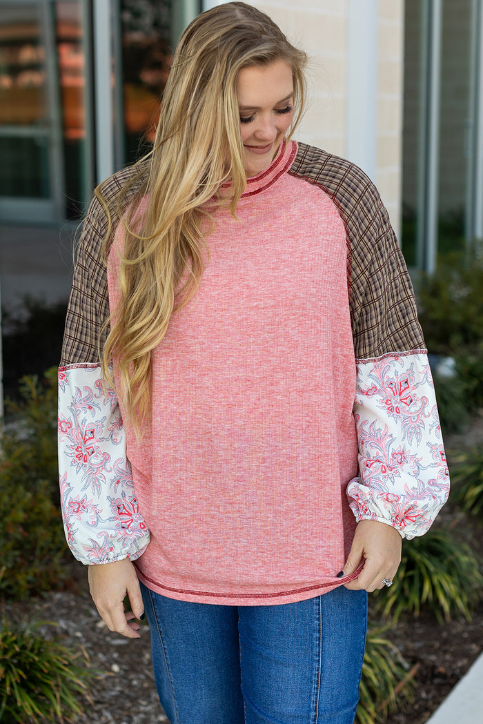 Haut Rose à Carreaux Paisley Patchwork Manches Raglan Coutures Grande Taille