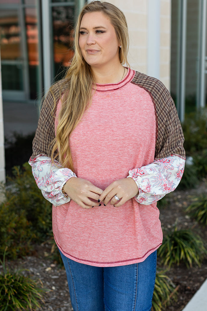 Haut Rose à Carreaux Paisley Patchwork Manches Raglan Coutures Grande Taille