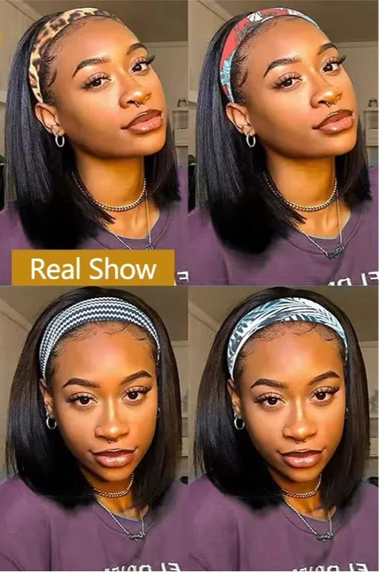 Short straight headband bob wig – 100% human hair glueless wig with black headband, easy put-on-and-go style for natural everyday wear