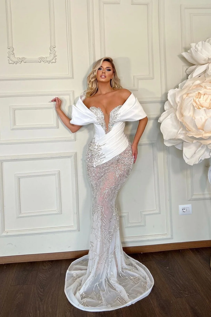 Heavy White Prom Dress Wedding Dress Sleeveless Tulle