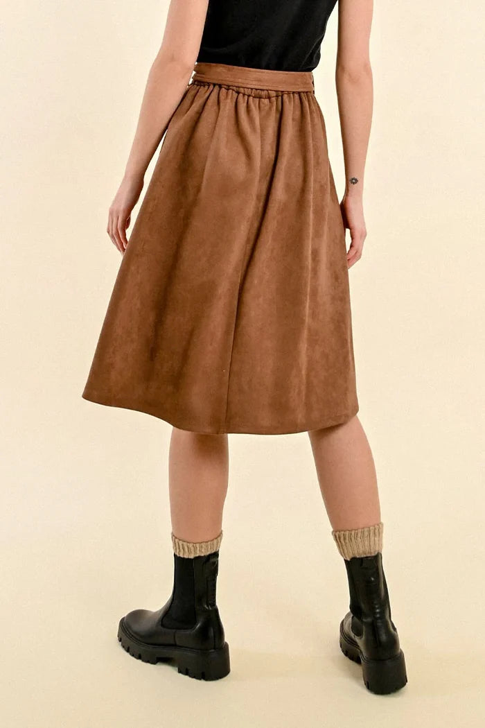 Womens High Waist Suede Belted Skirt