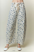 blue floral print barrel leg twill denim