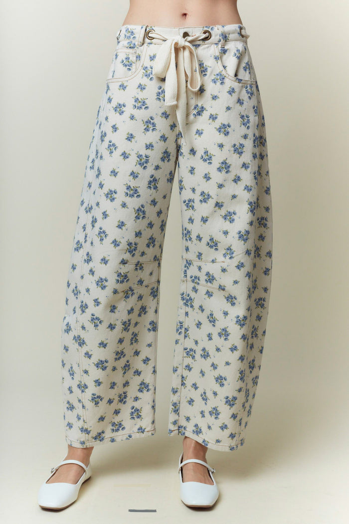 blue floral print barrel leg twill denim