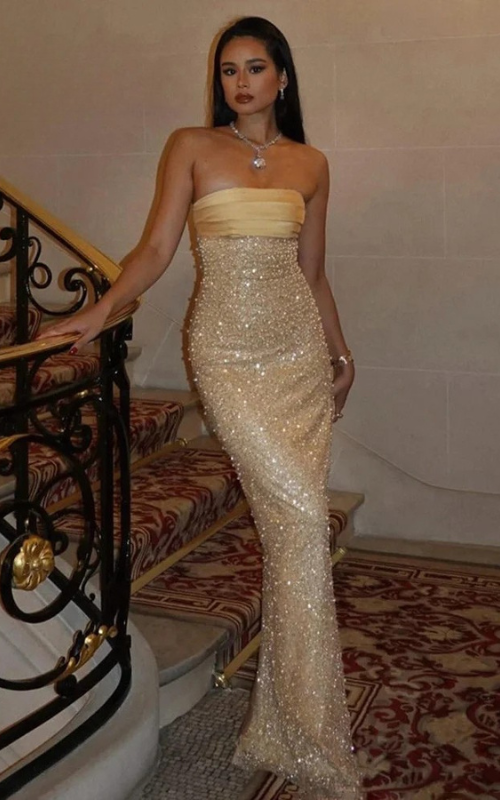 Imani strapless gold pearl beaded bodycon women’s evening dress, slim-fit long gown with gold pearls for parties and birthdays.