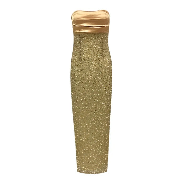 Imani strapless gold pearl beaded bodycon women’s evening dress, slim-fit long gown with gold pearls for parties and birthdays.