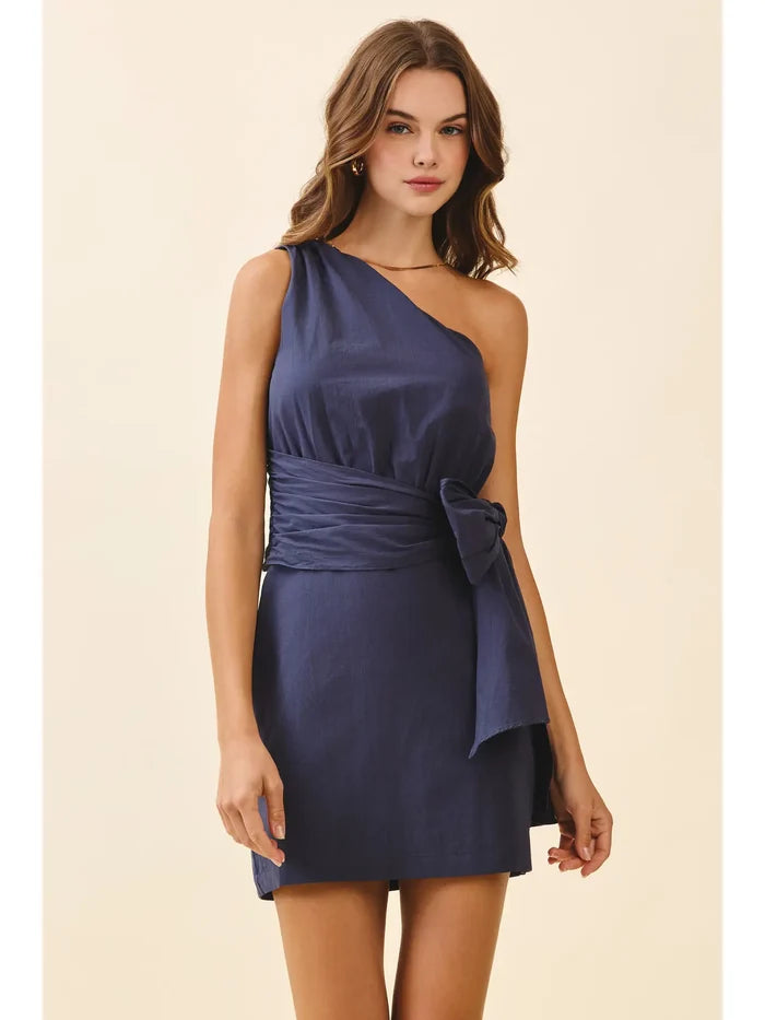 Women's navy one shoulder dress