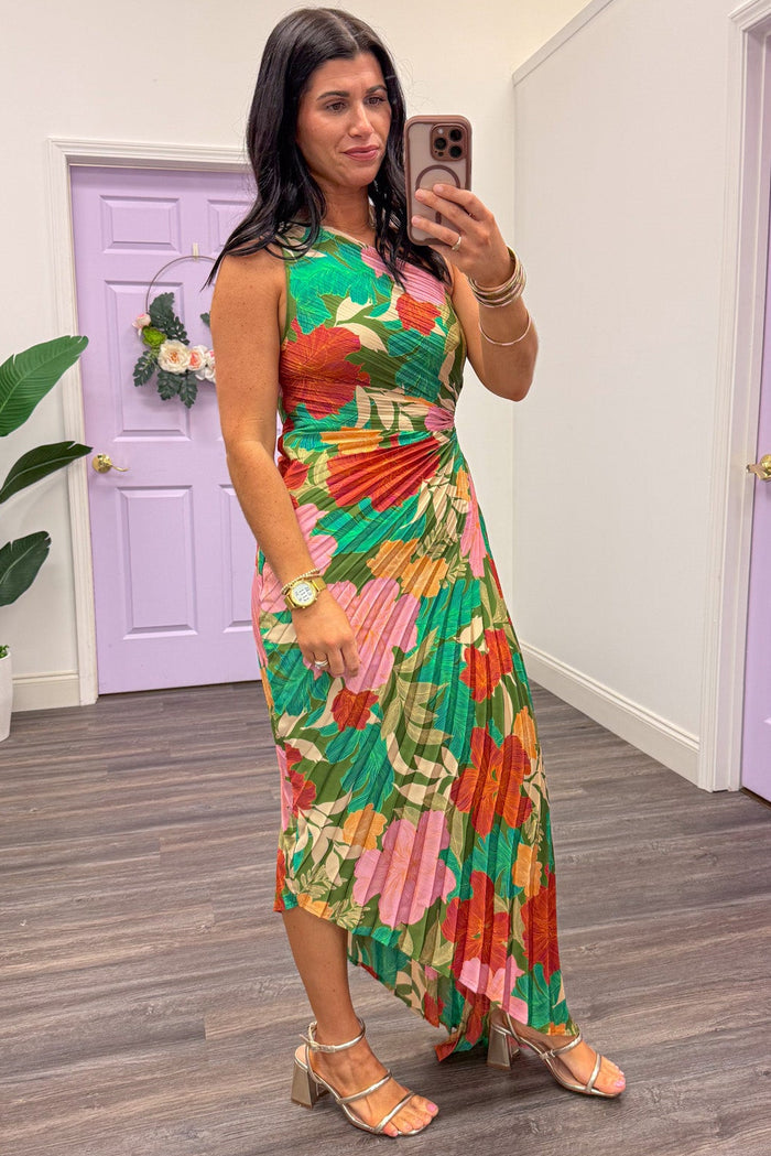 green multicolor floral pleated asymmetrical hem satin maxi dress