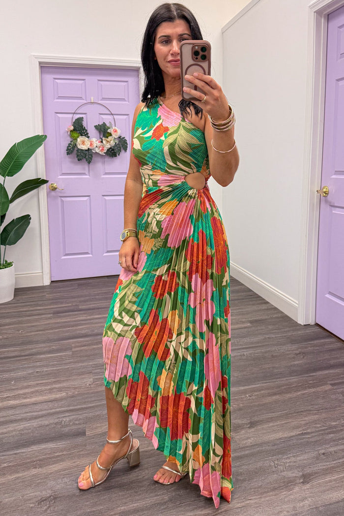 green multicolor floral pleated keyhole side cutout satin maxi dress