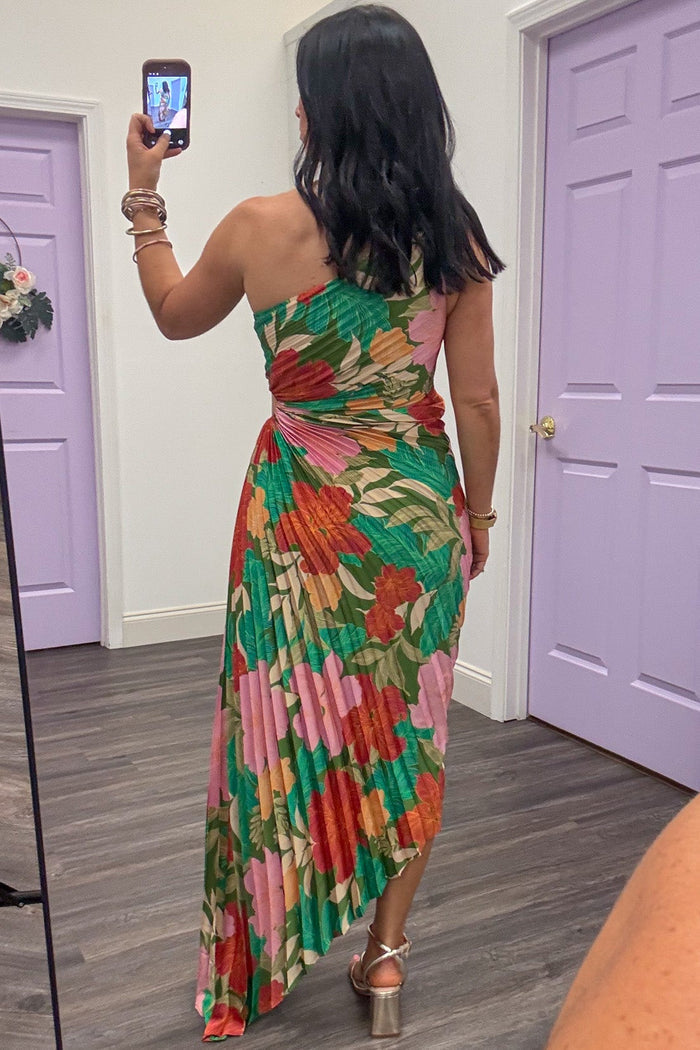 tropical multicolor floral print pleated one shoulder satin maxi dress