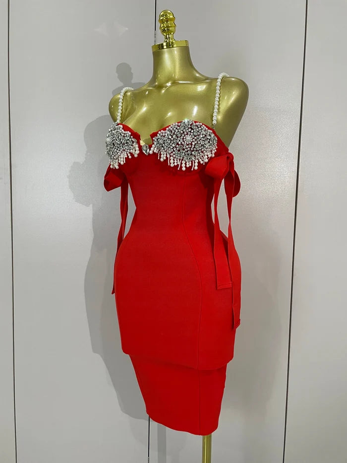 Ivana diamond beaded halter bodycon bandage dress for women’s evening parties, birthdays, or club events.