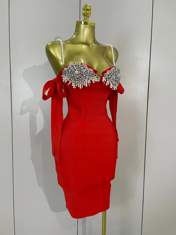 Ivana diamond beaded halter bodycon bandage dress for women’s evening parties, birthdays, or club events.