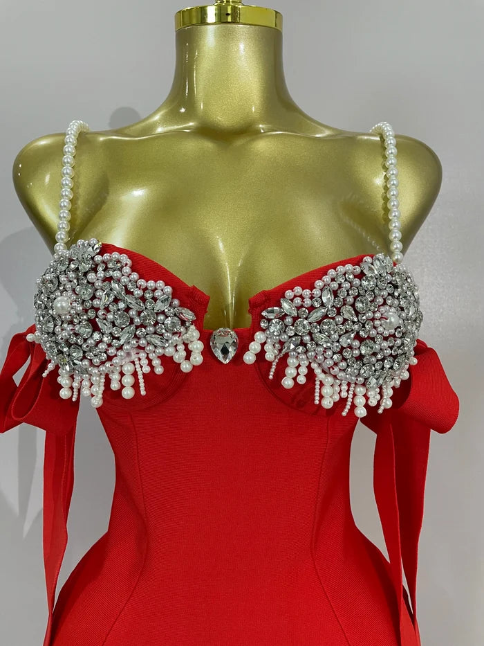 Ivana diamond beaded halter bodycon bandage dress for women’s evening parties, birthdays, or club events.