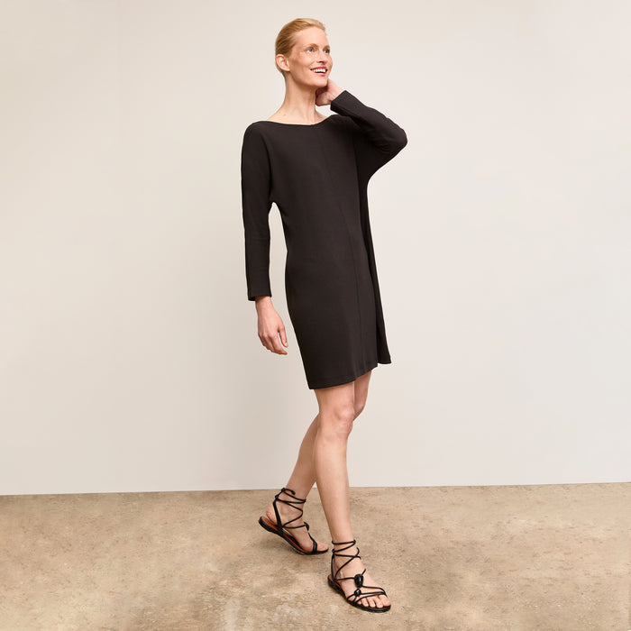 Front image of a woman wearing The Ivana Dress-Ribbed Pima Modal :: Black | Lead