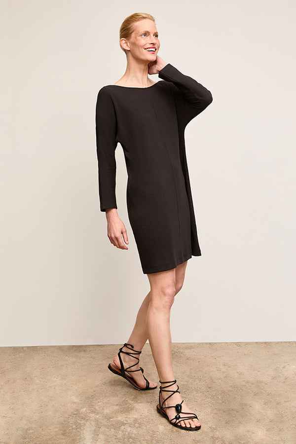 Front image of a woman wearing The Ivana Dress-Ribbed Pima Modal :: Black | Grid | Exclude