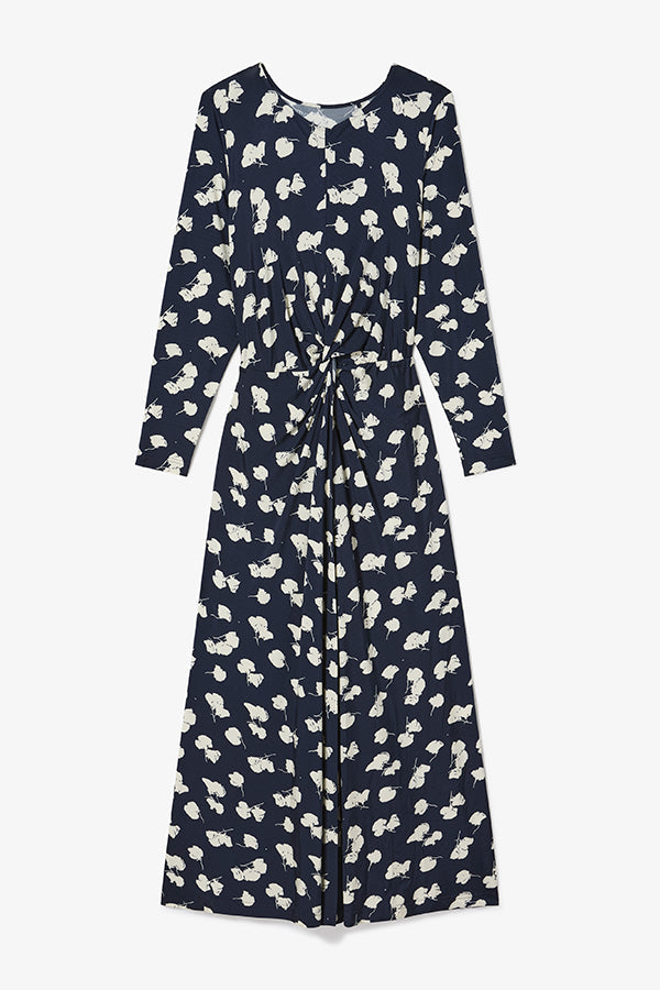 Navy dress with white floral pattern on a white background | Exclude | Still