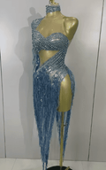 Jamie Blue Rhinestone Tassel One Shoulder Sheer Mesh Dress